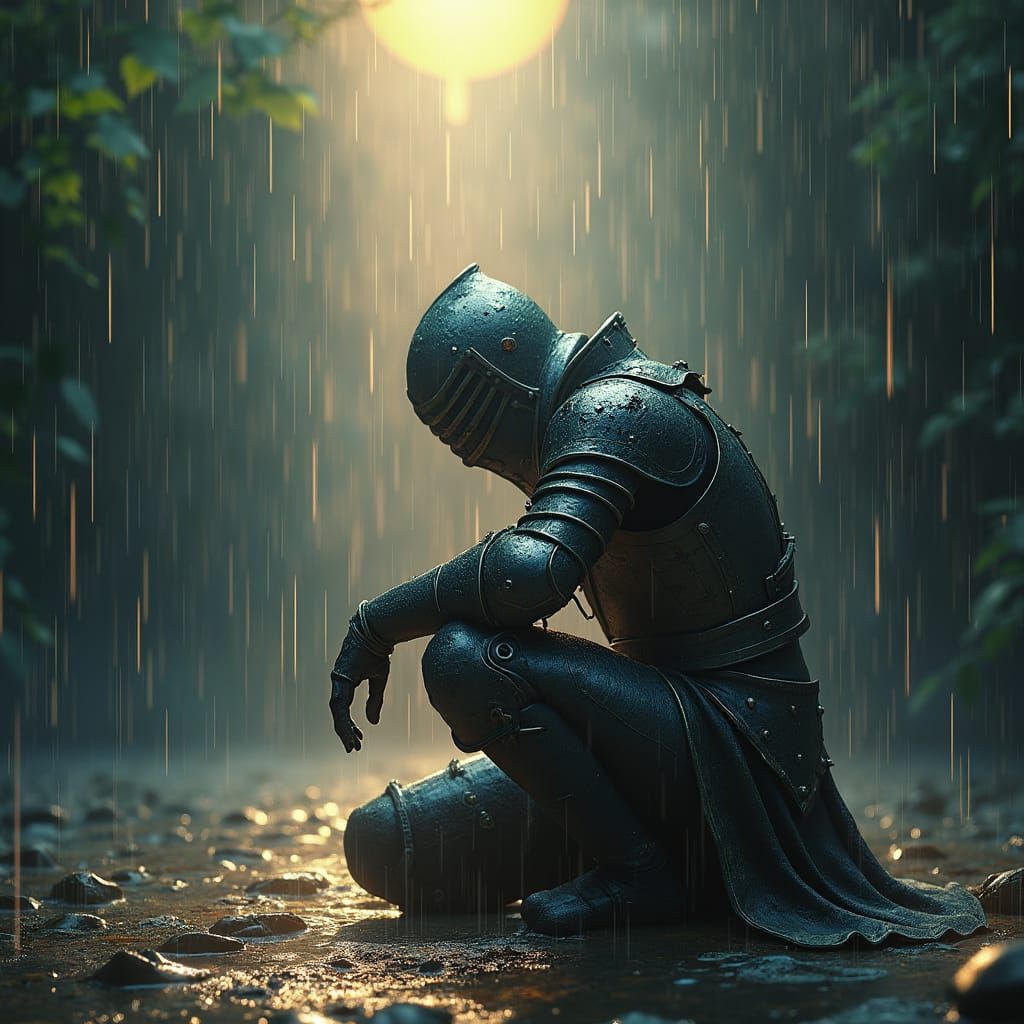 Rain-Soaked Knight Contemplation: High-Fantasy Concept Art