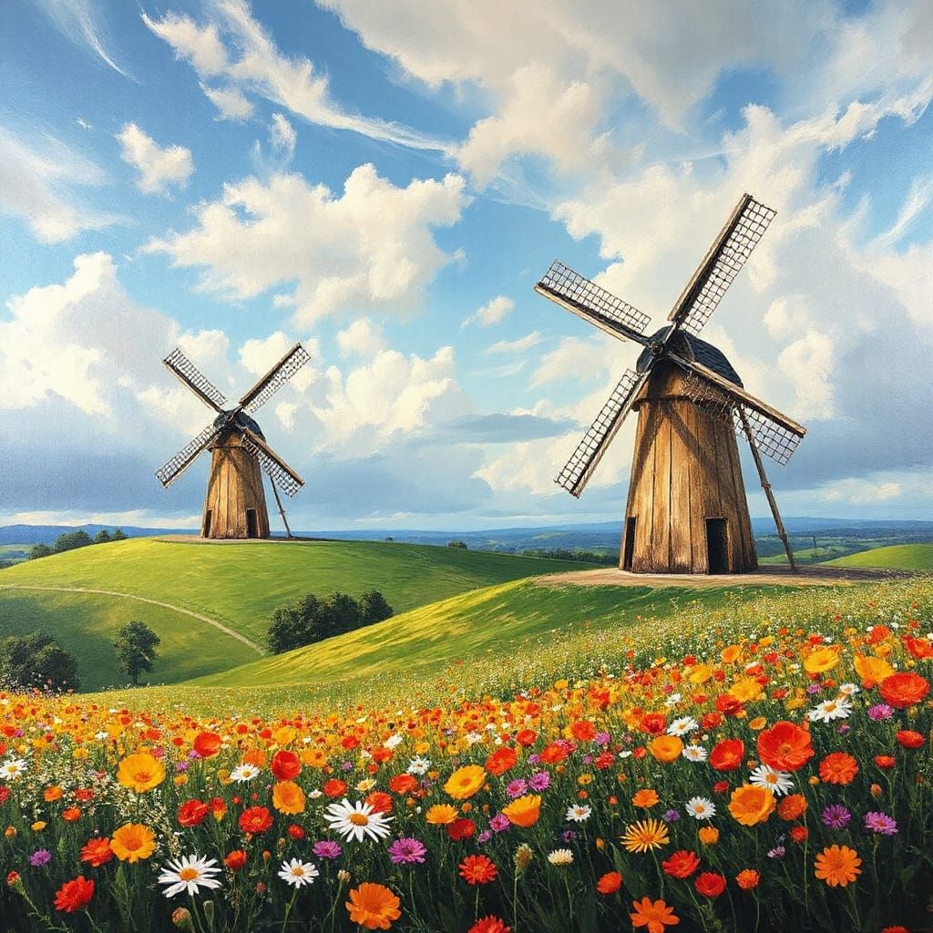 Scenic Countryside with Windmills in Impressionistic Style