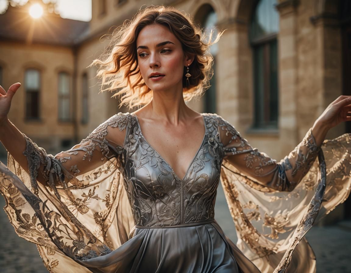 Elegant Woman Dancing in Flowing Gown: Soft Focus Portrait