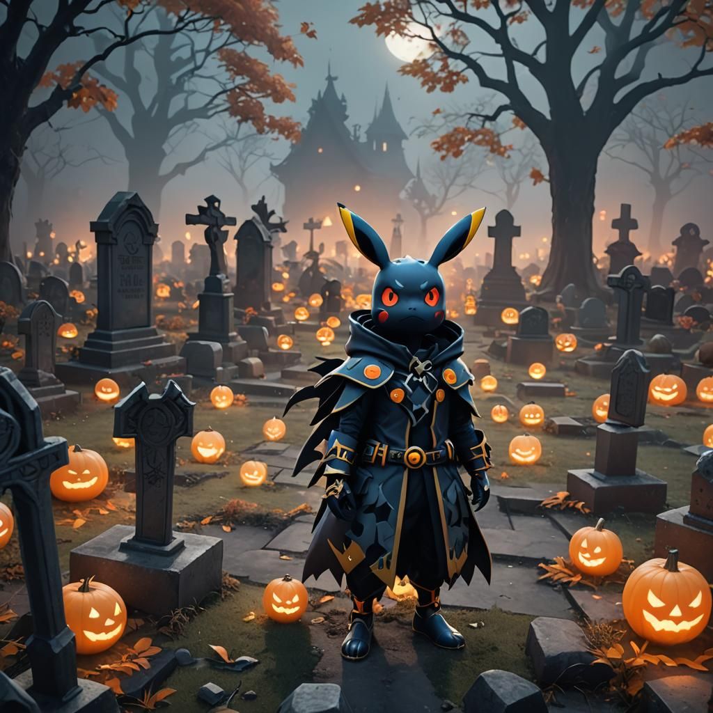 Halloween Pokémon in Spooky Graveyard, 3D Anime Art