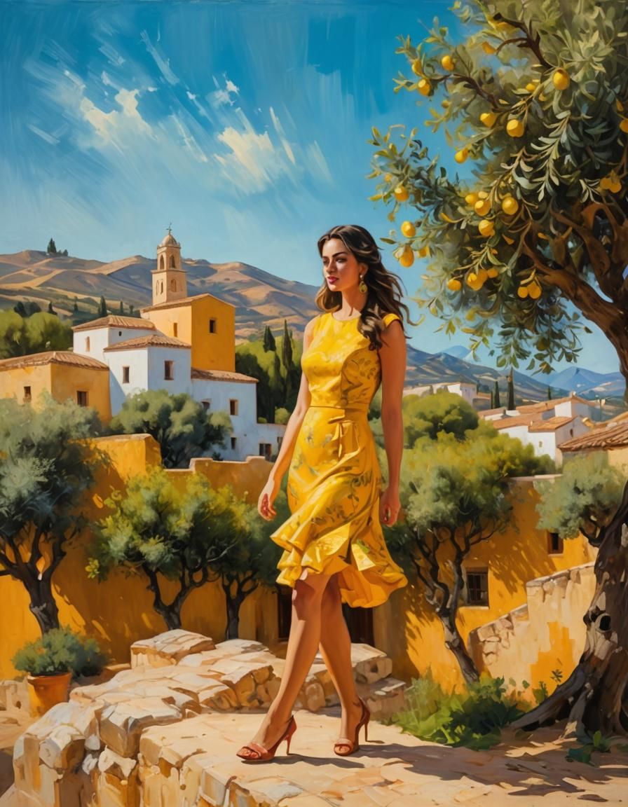 Spanish Girl in Yellow Dress, Impressionist Oil Painting