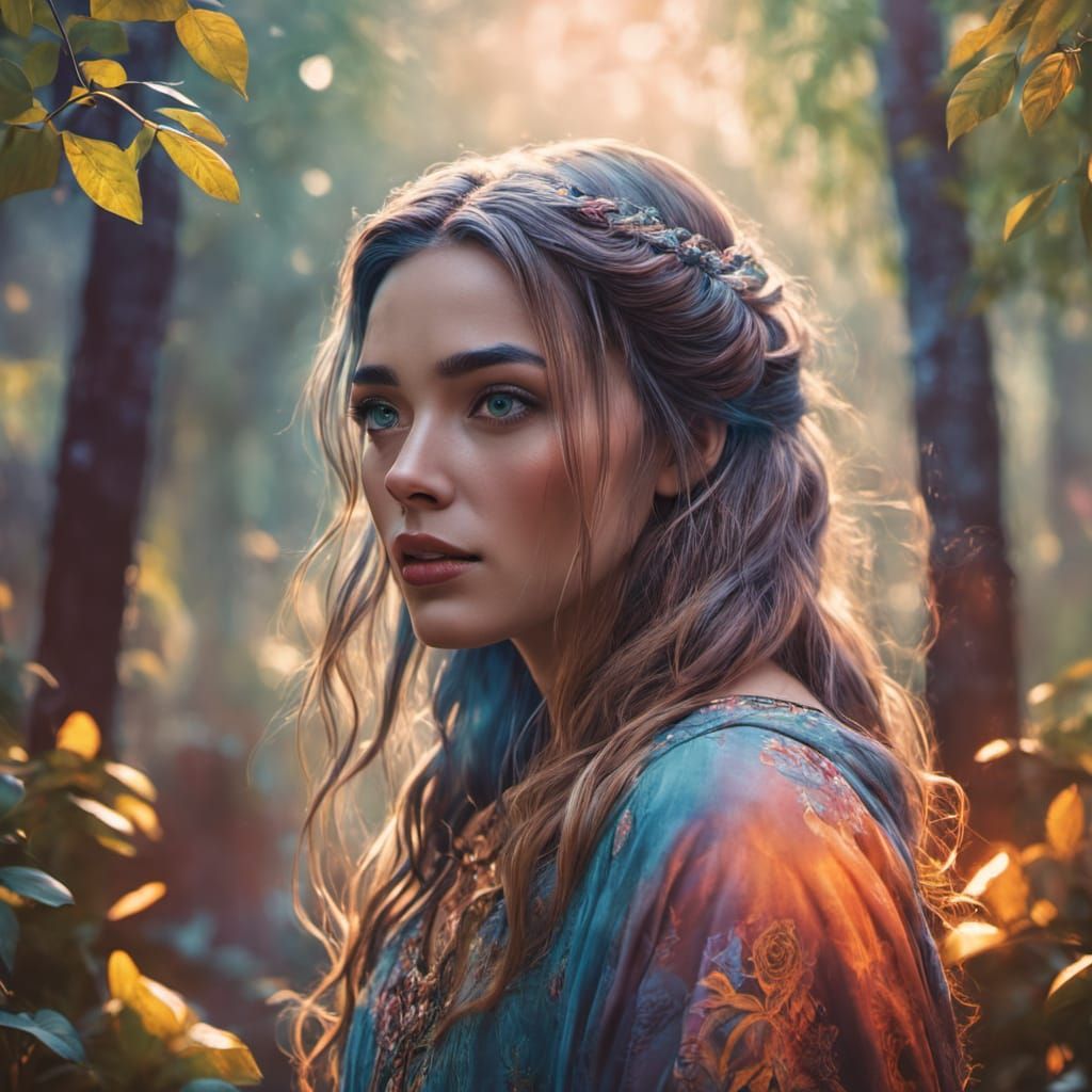 Eurasian Woman Running in Creepy Garden, Oil Painting