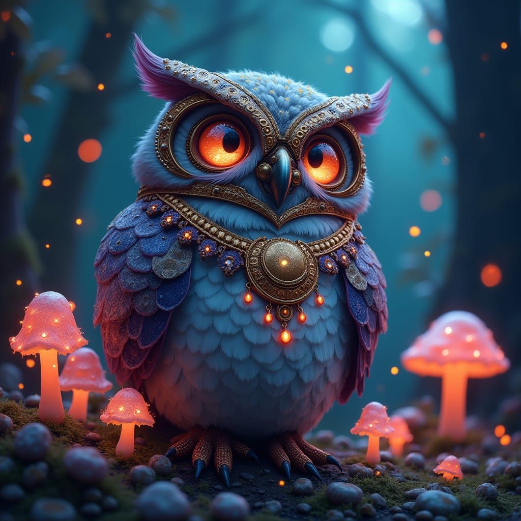 Steampunk Owl in Bioluminescent Forest