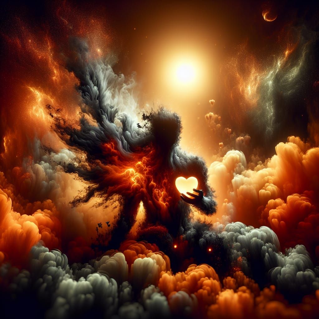 Smoked Creature Hugging Heart in Luminescent Light