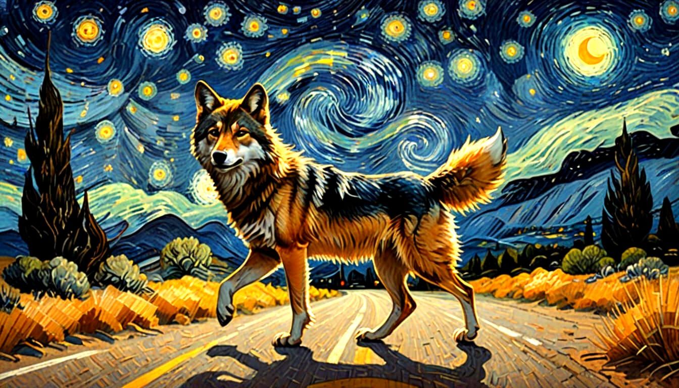 Mexican Wolf in Post-Impressionist Starry Night