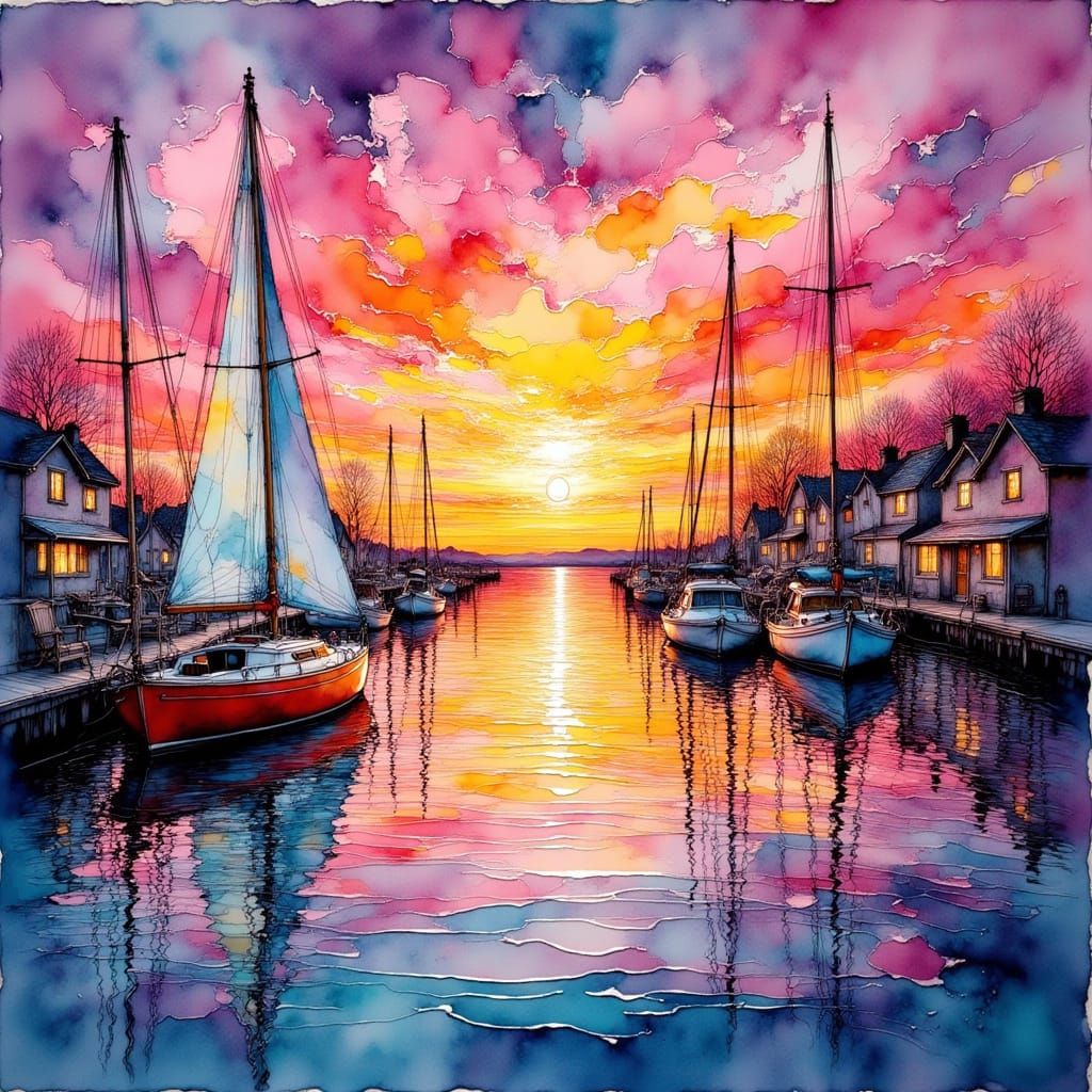 Sunset Sailboat in Calm Harbour Oil Painting