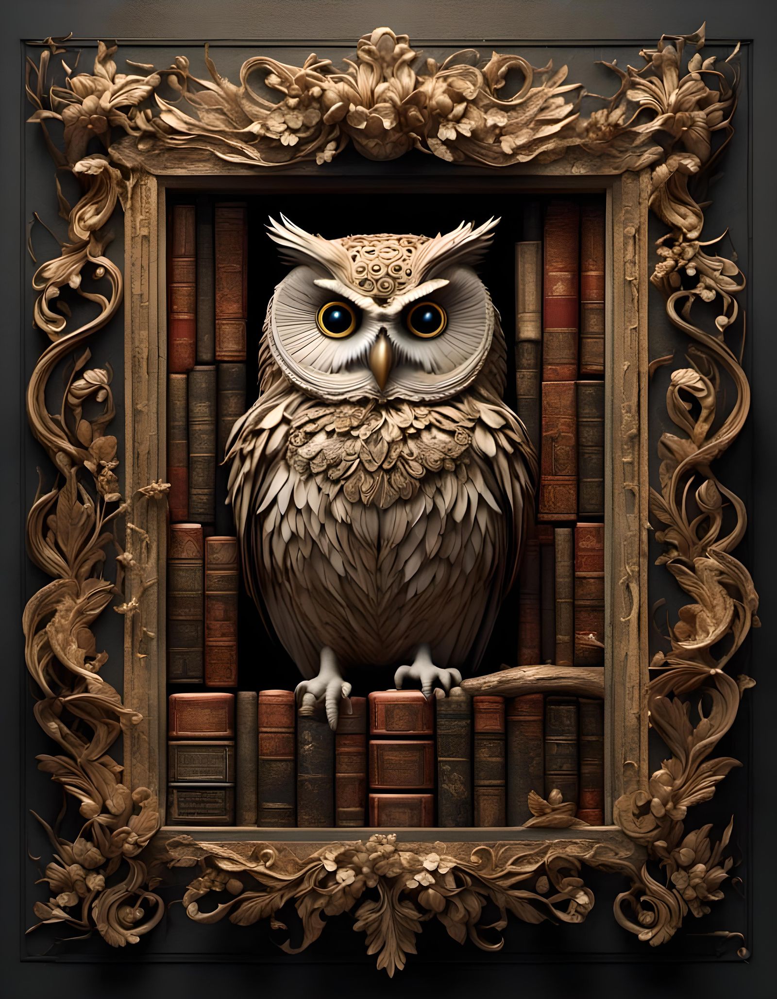 Whimsical Owl in Leather Book Frame