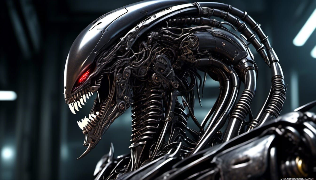 Cybernetic Xenomorph Queen Robot in Anime Style