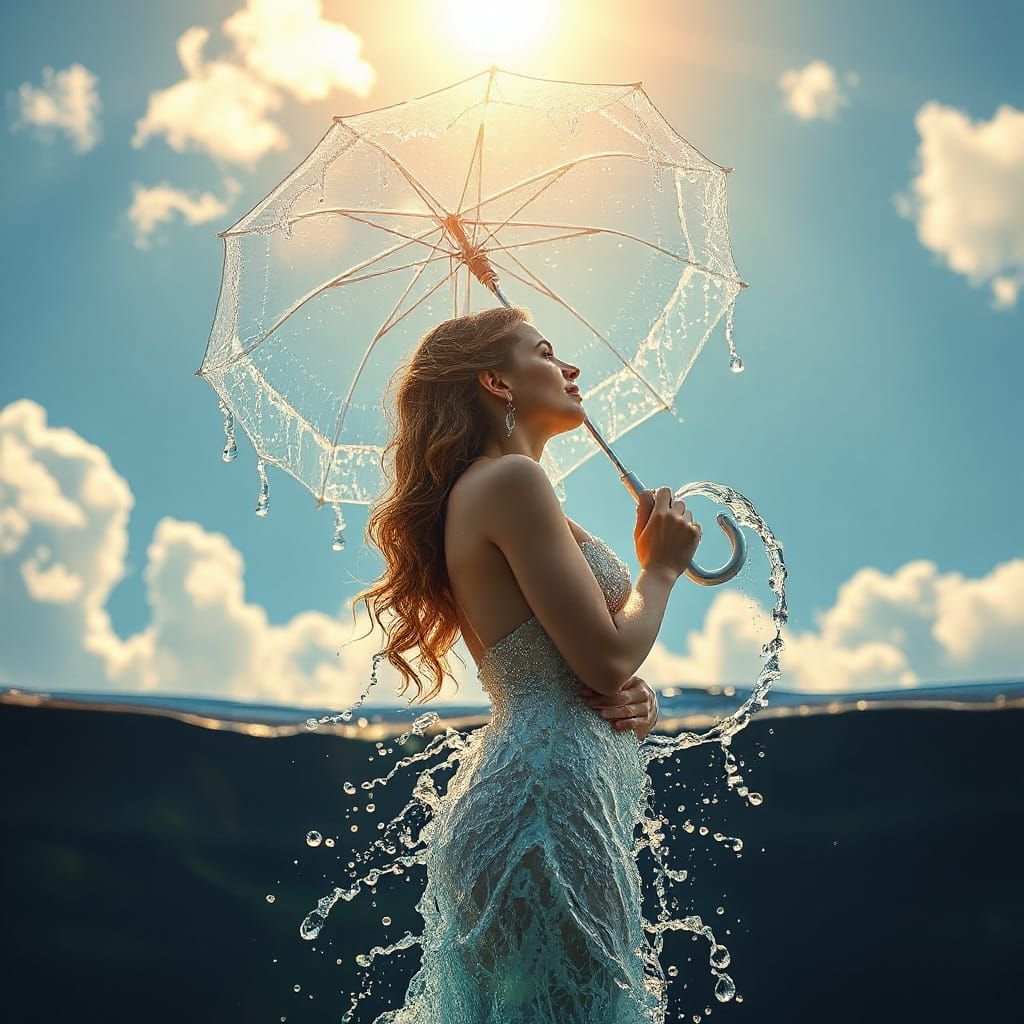Water Woman with Ethereal Umbrella in Golden Hour Light