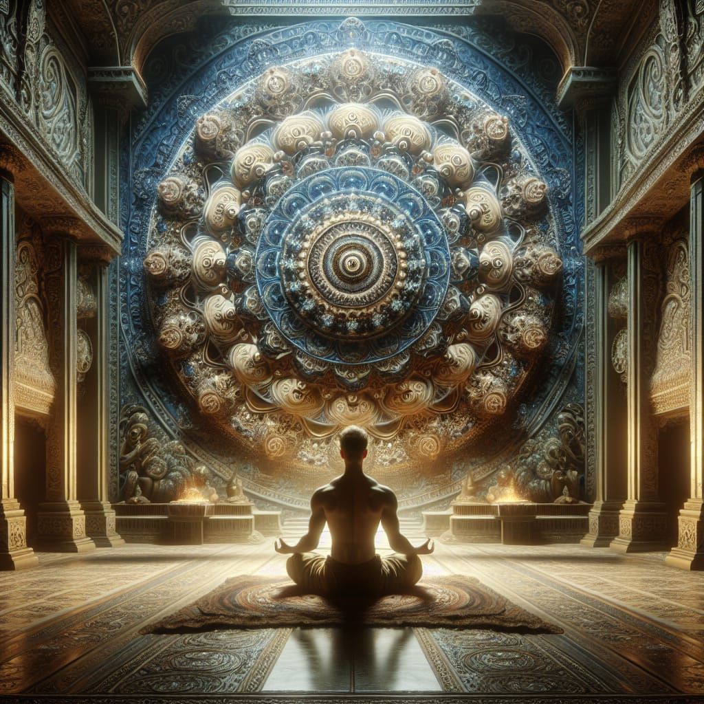 Meditator Before Intricate Mandala in Digital Painting Style