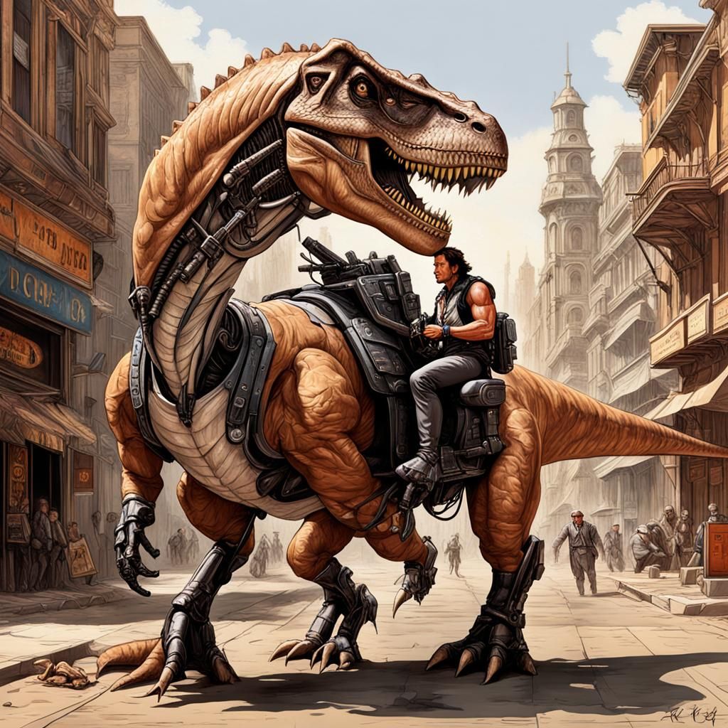 Saddling a (T rex:1.5)time traveler (cyborg bounty hunter:1....