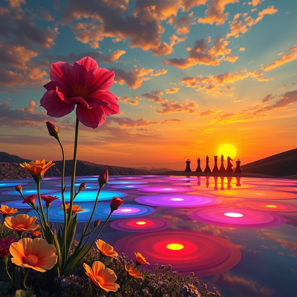 Surreal Sunset Landscape with Chess Pieces
