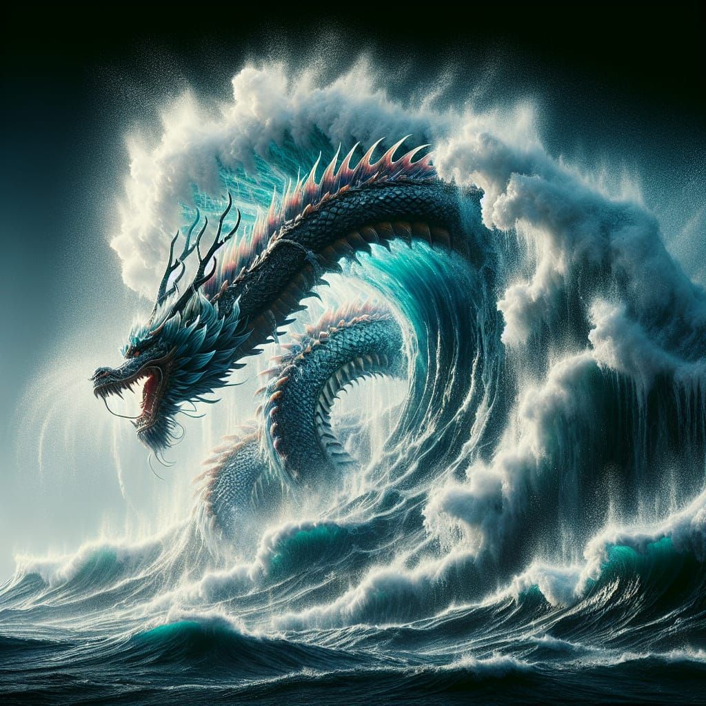 Japanese Dragon Erupts from Tidal Wave in Digital Painting