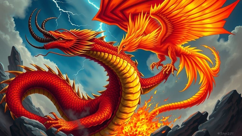 Mythical Clash of Red Dragon and Phoenix in a Stormy Sky