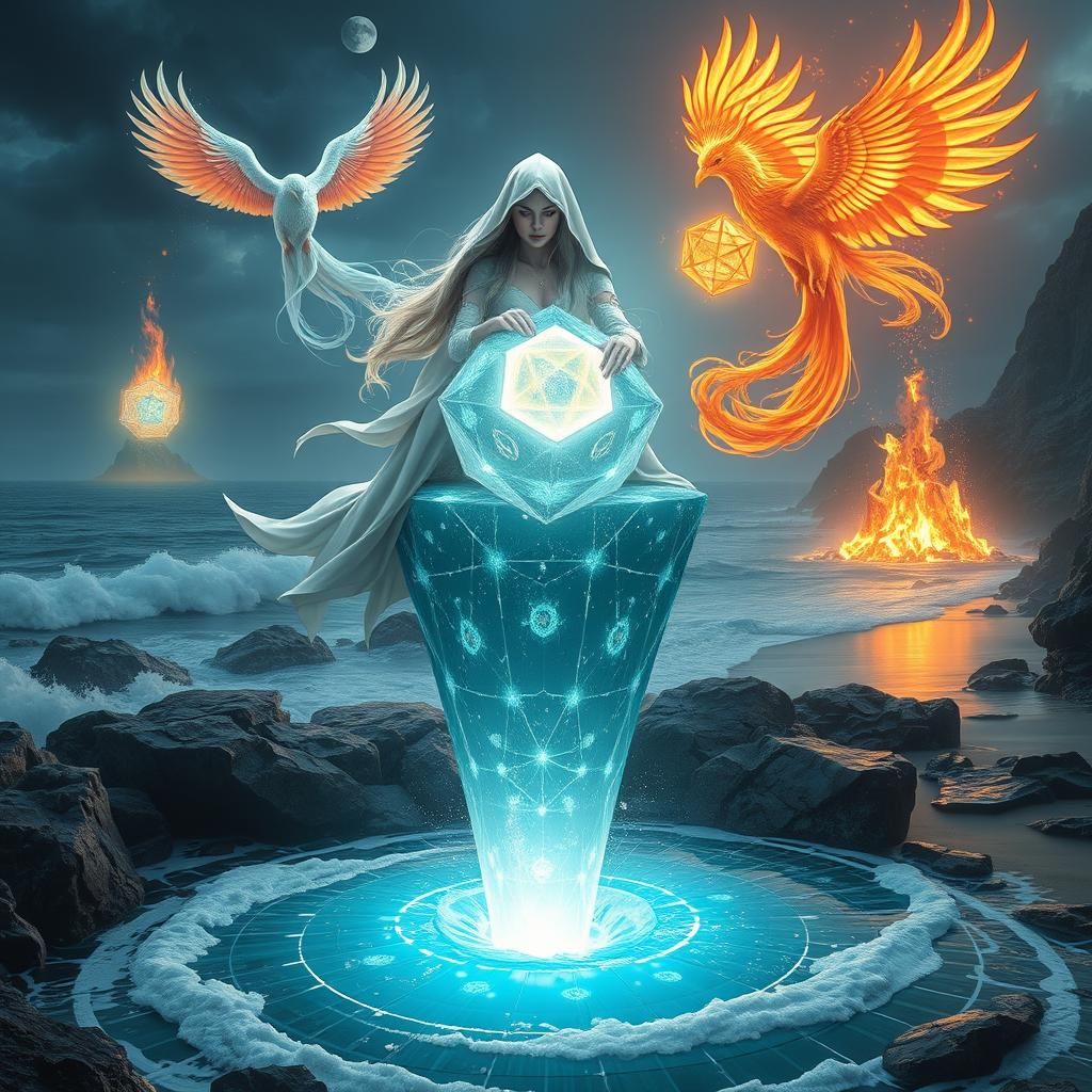 Ethereal Mage Above Crystal Geyser, Digital Art