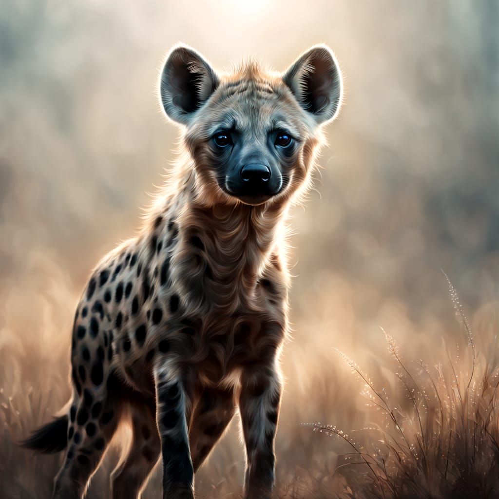 Ethereal Baby Hyena in Misty Savannah Digital Art Masterpiec...