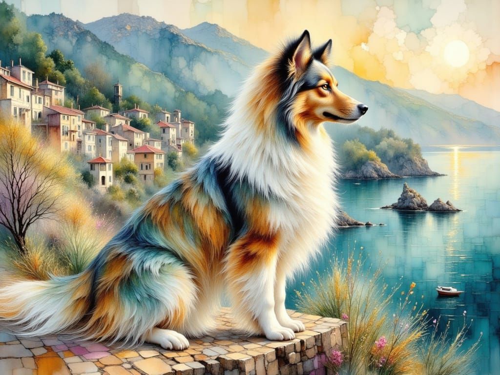 Sheltie Dog in Art Nouveau Style Overlooking Mediterranean