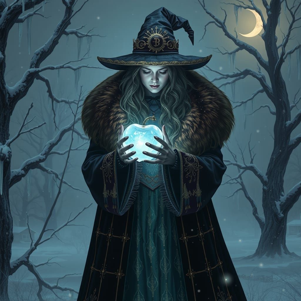 Regal Witch Embracing Magic Crystal Apple