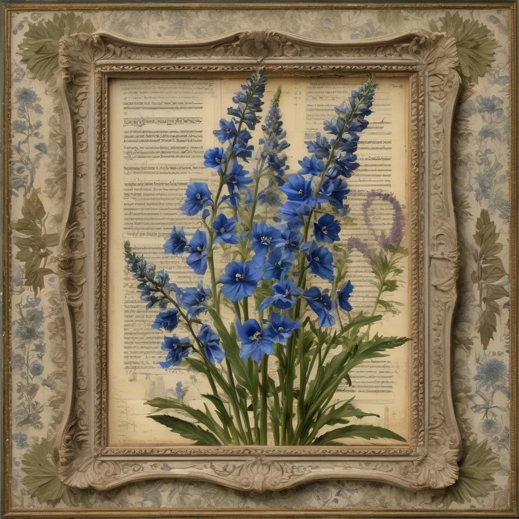 Delphinium Botanical Chart in Mixed Media Collage Style