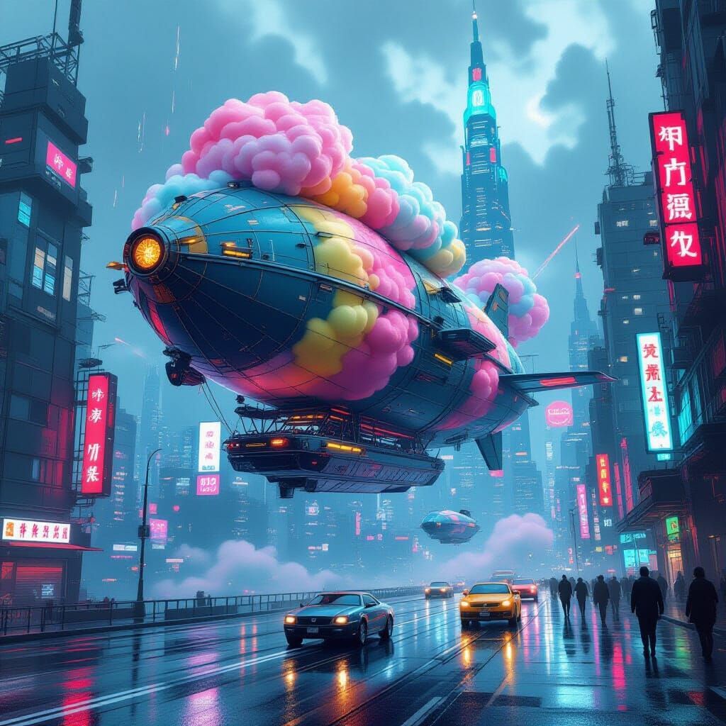 Cotton Candy Airship Soaring Through Cyberpunk Cityscape