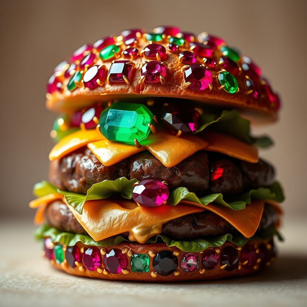 A luxurious jeweled burger art piece adorned with vibrant rubies and emeralds, featuring gold accents. The gems are intr...