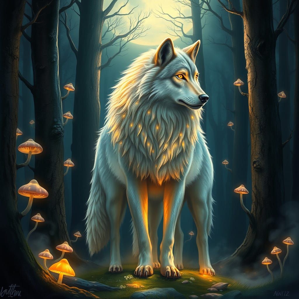 Regal Wolf Illuminates Moonlit Forest with Ethereal Glow