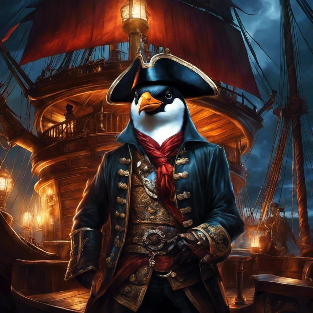 Penguin Pirate Captain on Stormy Ship, Gothic Art