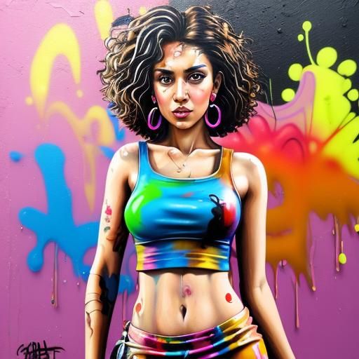 Graffiti Art Girl with Curly Hair in Street Style