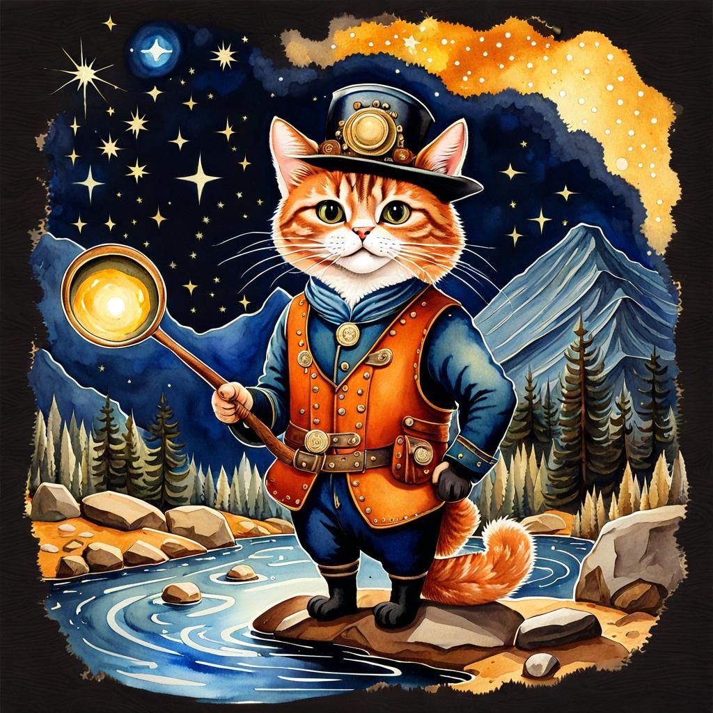 Anthropomorphic Cat Miner in Watercolor Stream