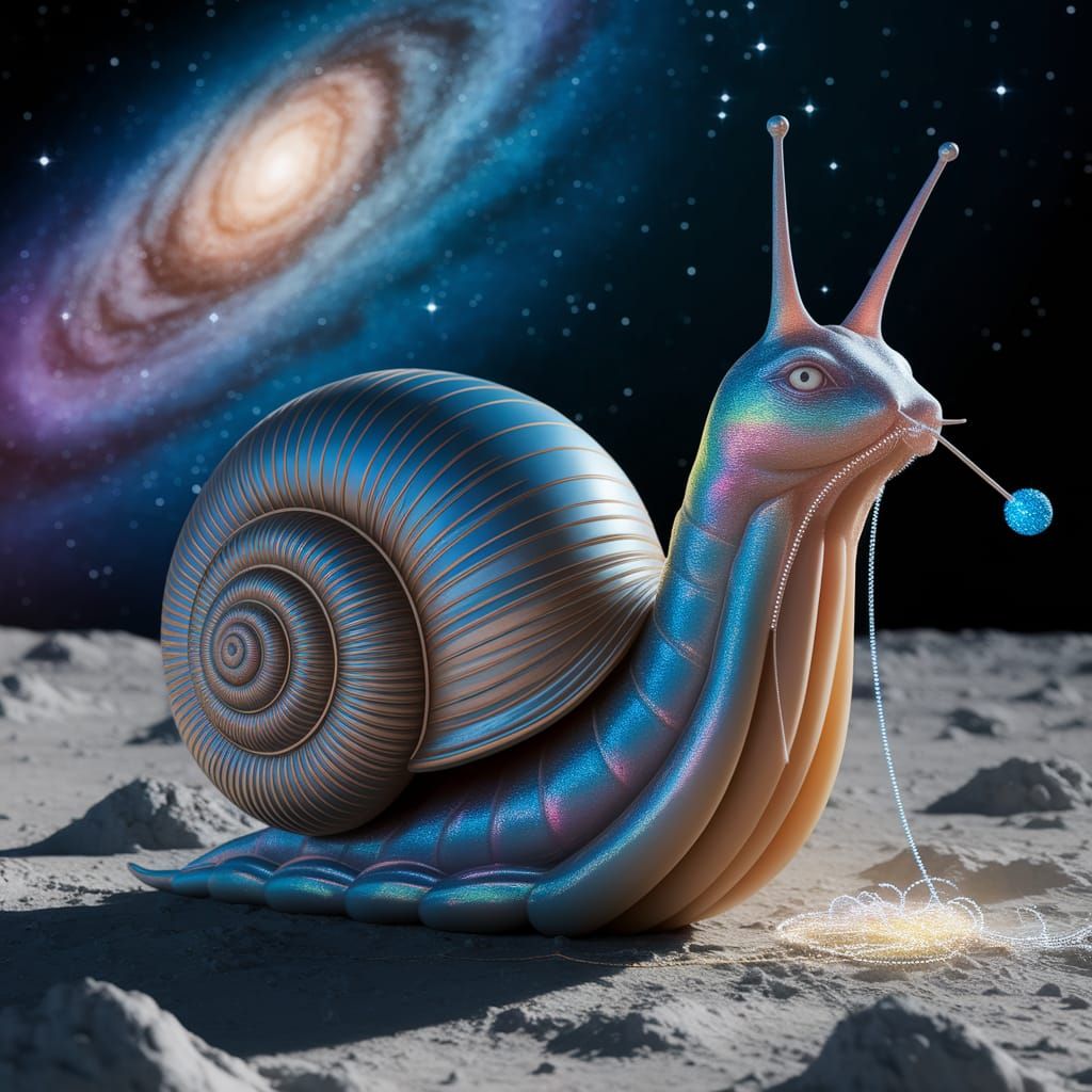 Muscled Snail Knits on Barren Moon in Surreal Style