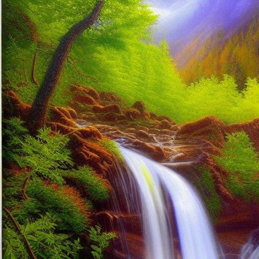 Waterfall Oil Painting with Green Nature and Flowers