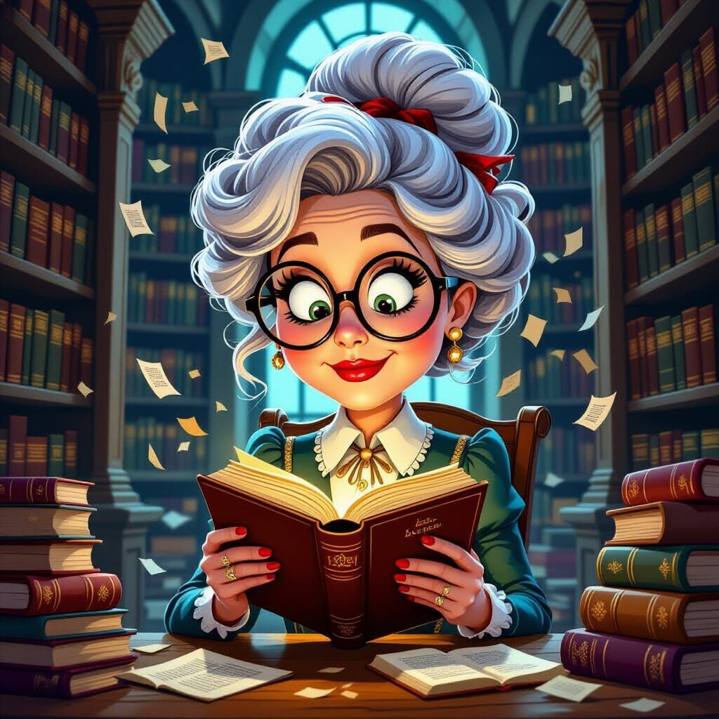 Caricature Librarian Reads Tiny Book in Enchanted Library