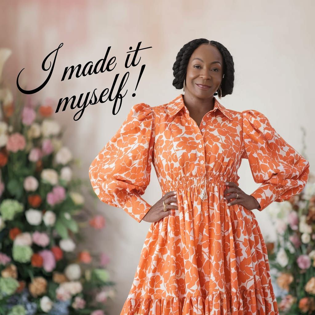 Confident Woman in Vibrant Floral Dress with Puff Sleeves