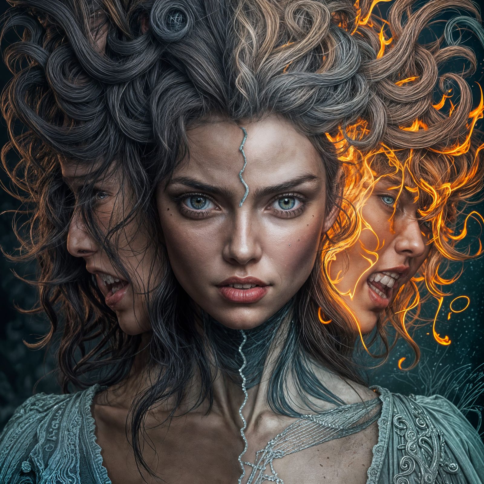 Hyperrealistic Woman Displays Split Personality in Dystopia