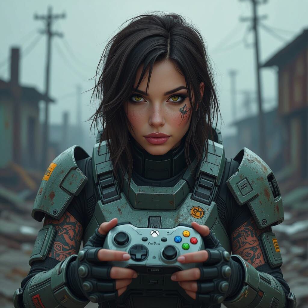 Post-Apocalyptic Woman with Controller in Gritty Style