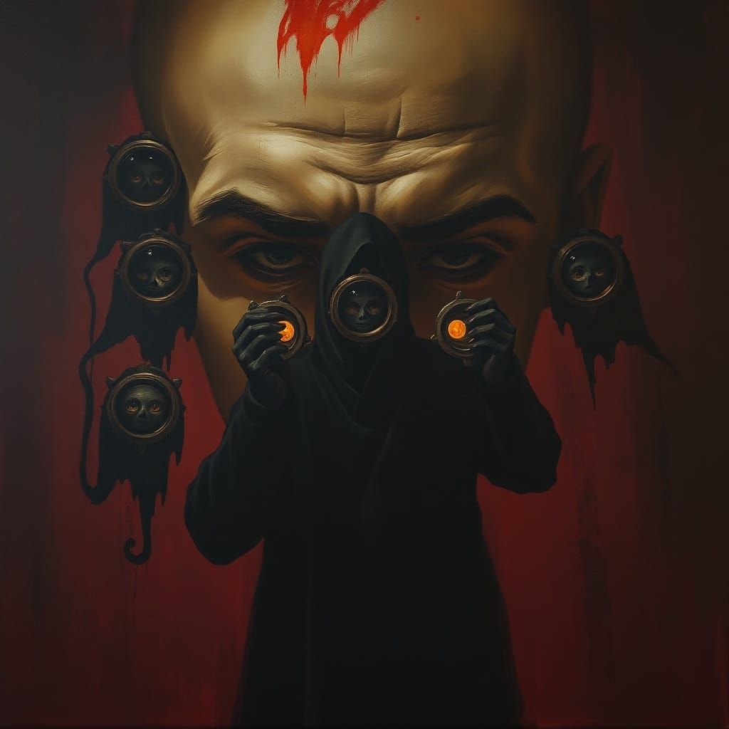 Sinister Figure Peering Through Portrait Eyes in Dark Fantas...