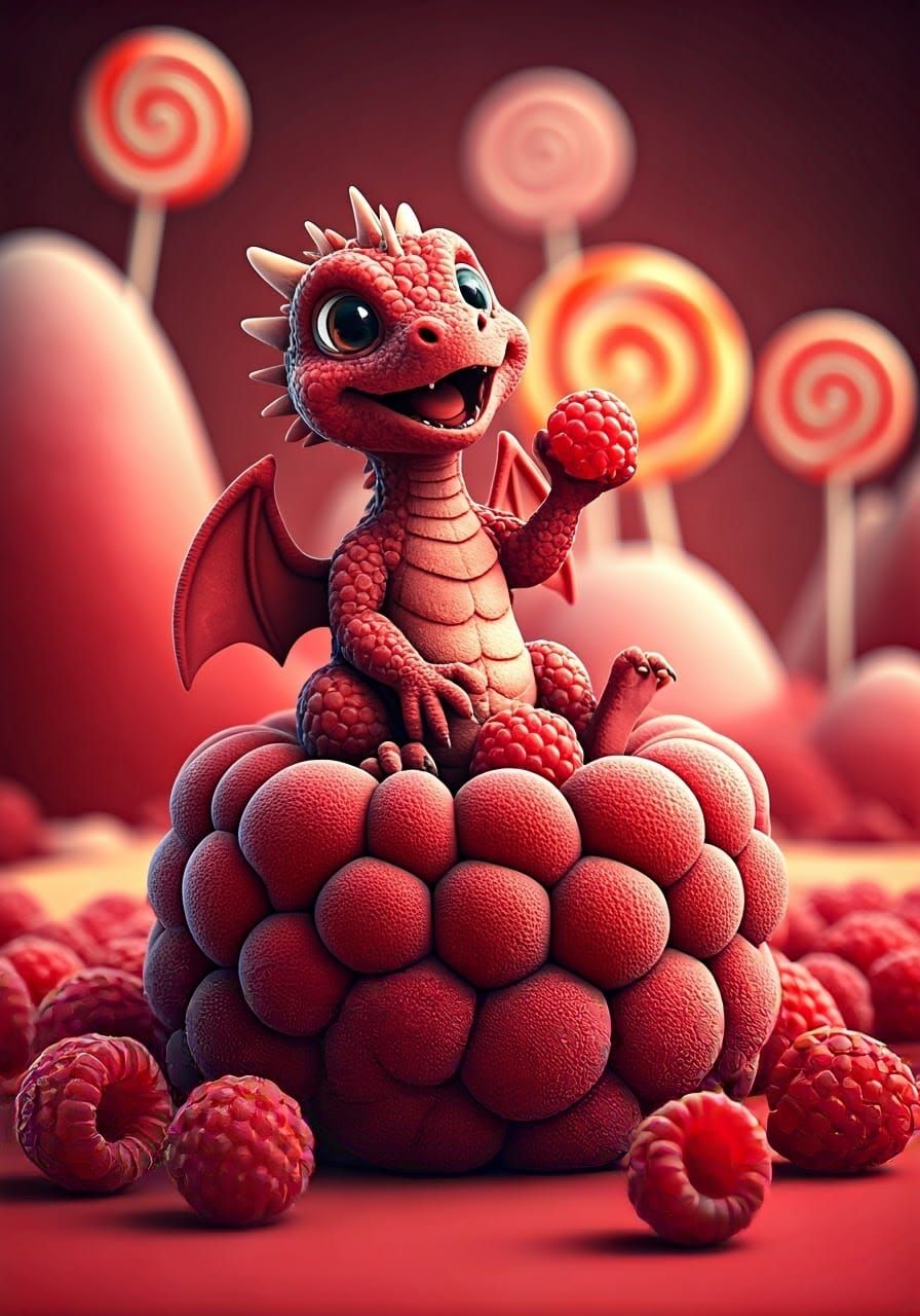 Raspberry Dragon on Candy Throne, Digital Illustration
