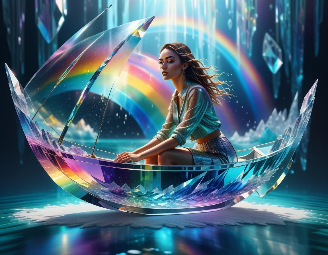 Woman on Crystal Boat in Rainbow Light