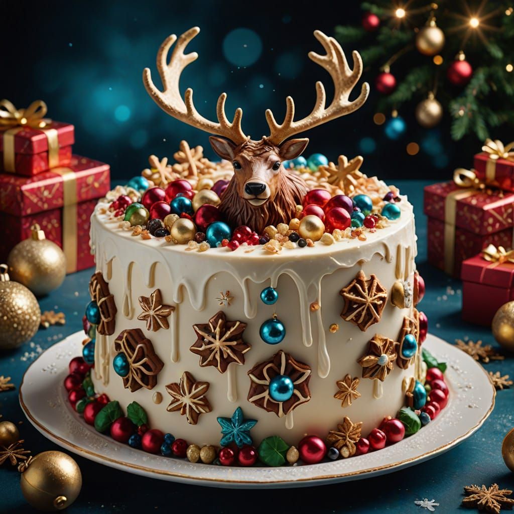 A stunning portrait of a beautiful, Christmas cream cake.