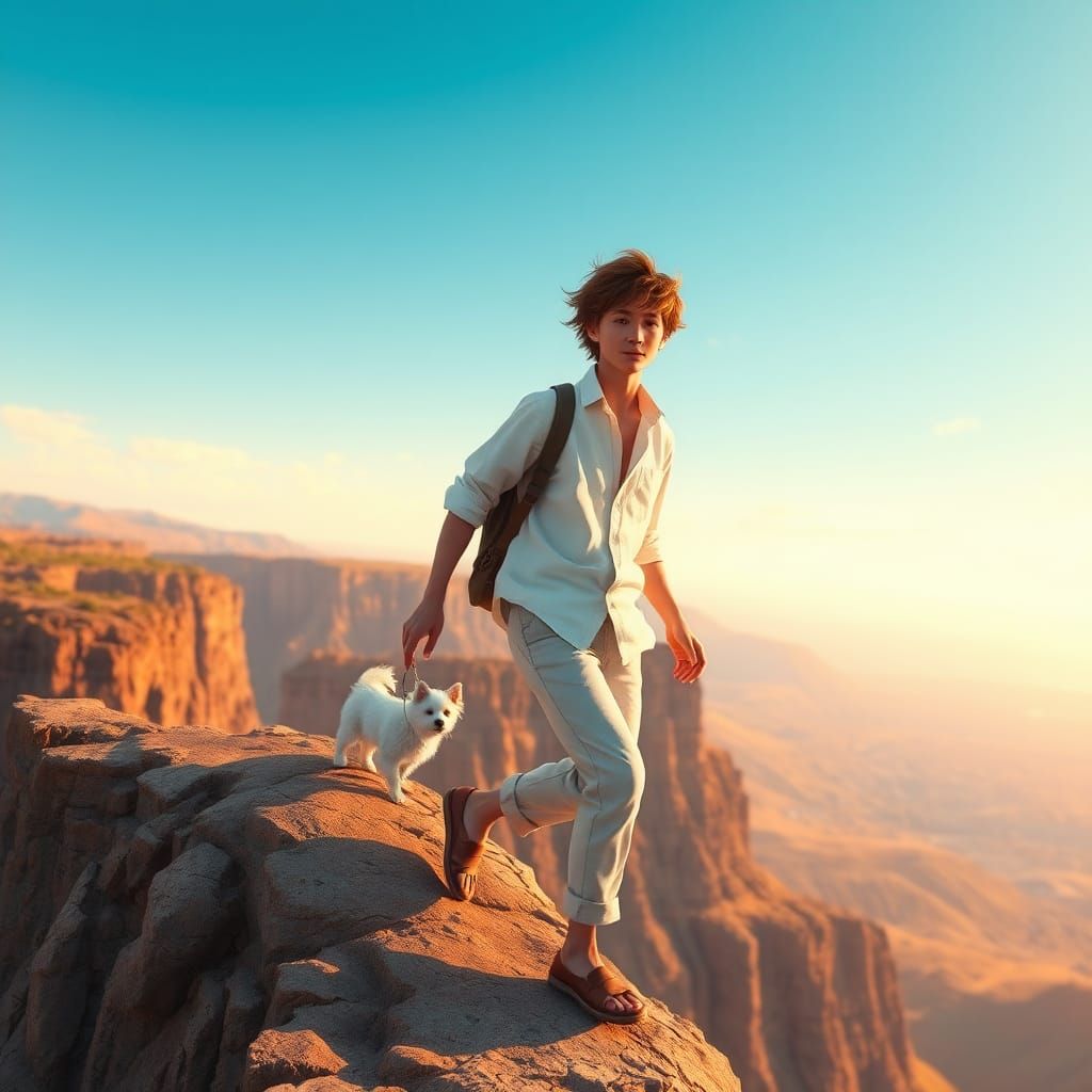 Carefree Man and Dog in Anime Style Landscape