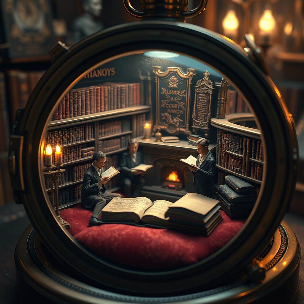 Victorian Library in Locket, Intricate Diorama Style