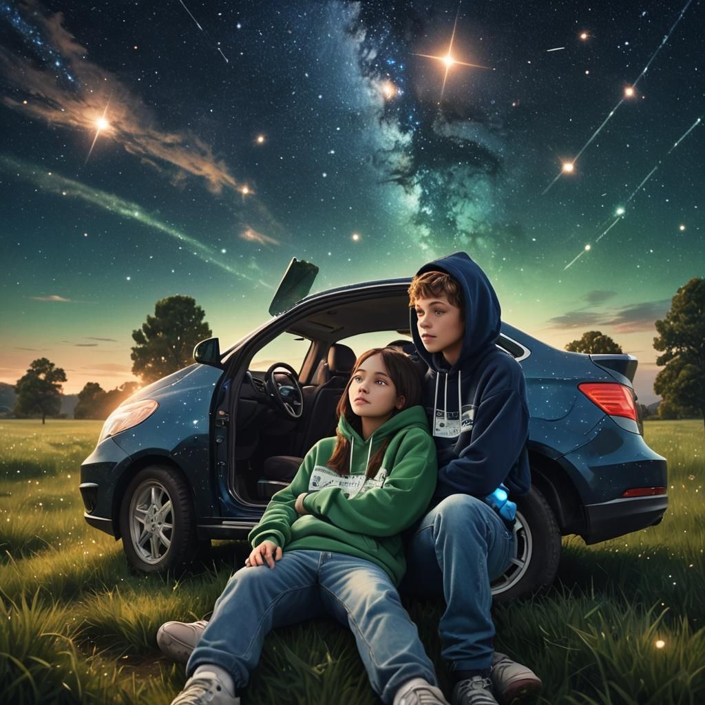 Stargazing Couple in a Dreamy Landscape