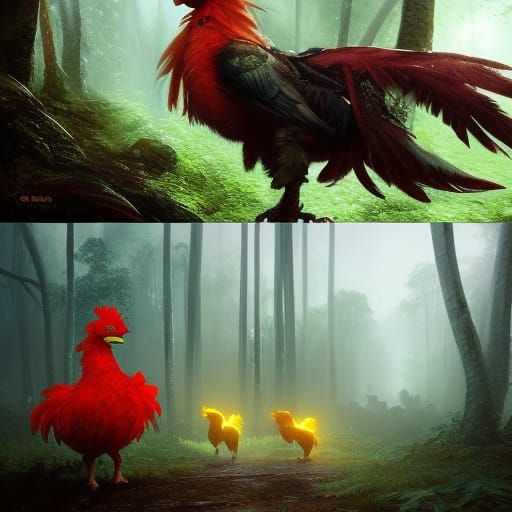 Grogu on Red Chocobo in Rainforest: Dark Fantasy Art