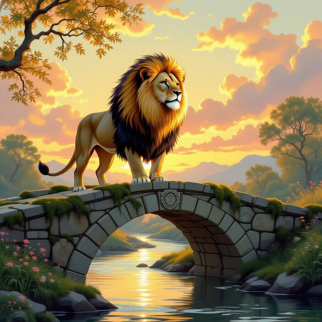 Majestic Lion with Golden Liquid Mane on Ancient Bridge