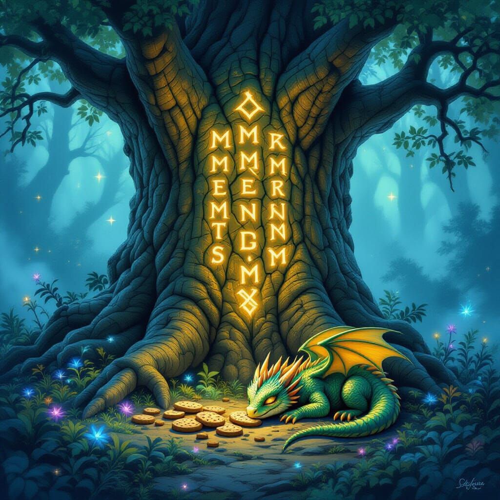Ancient Tree with Glowing Runes and Baby Dragon