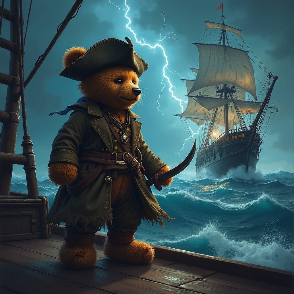 Pirate Teddy Bear Captain Battles Stormy Seas in Classic Ill...