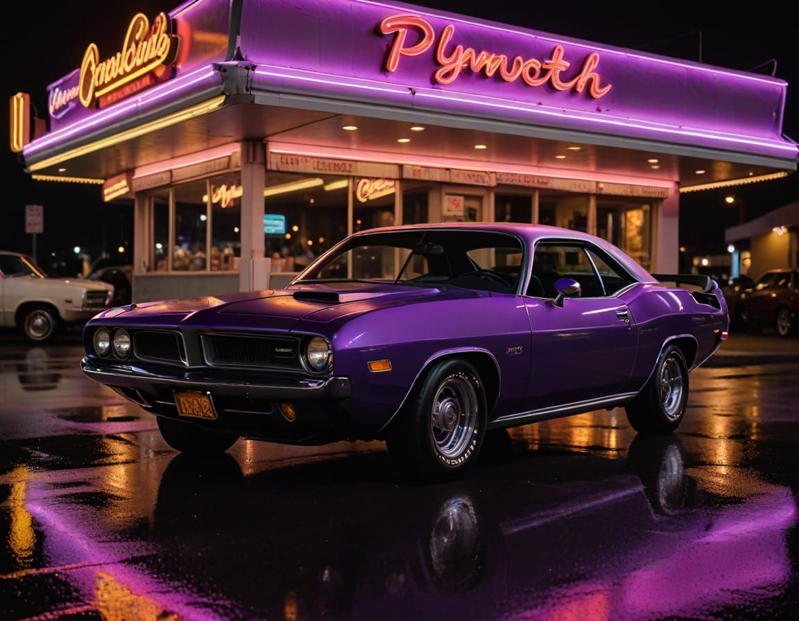1970 Plymouth Cuda Under Neon Diner Lights