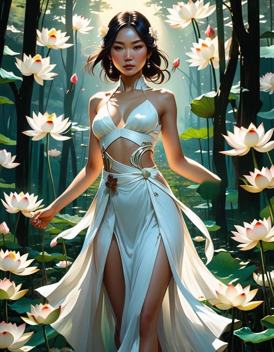 Beautiful Woman in Lotus Forest: Hyperdetailed Portrait
