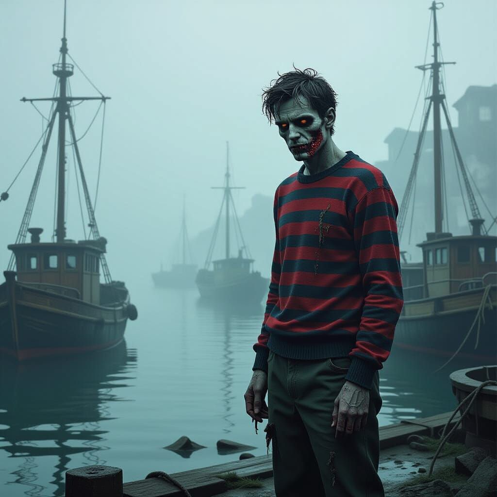 Zombie Sailor in Misty Harbor: A Dark Fantasy Scene