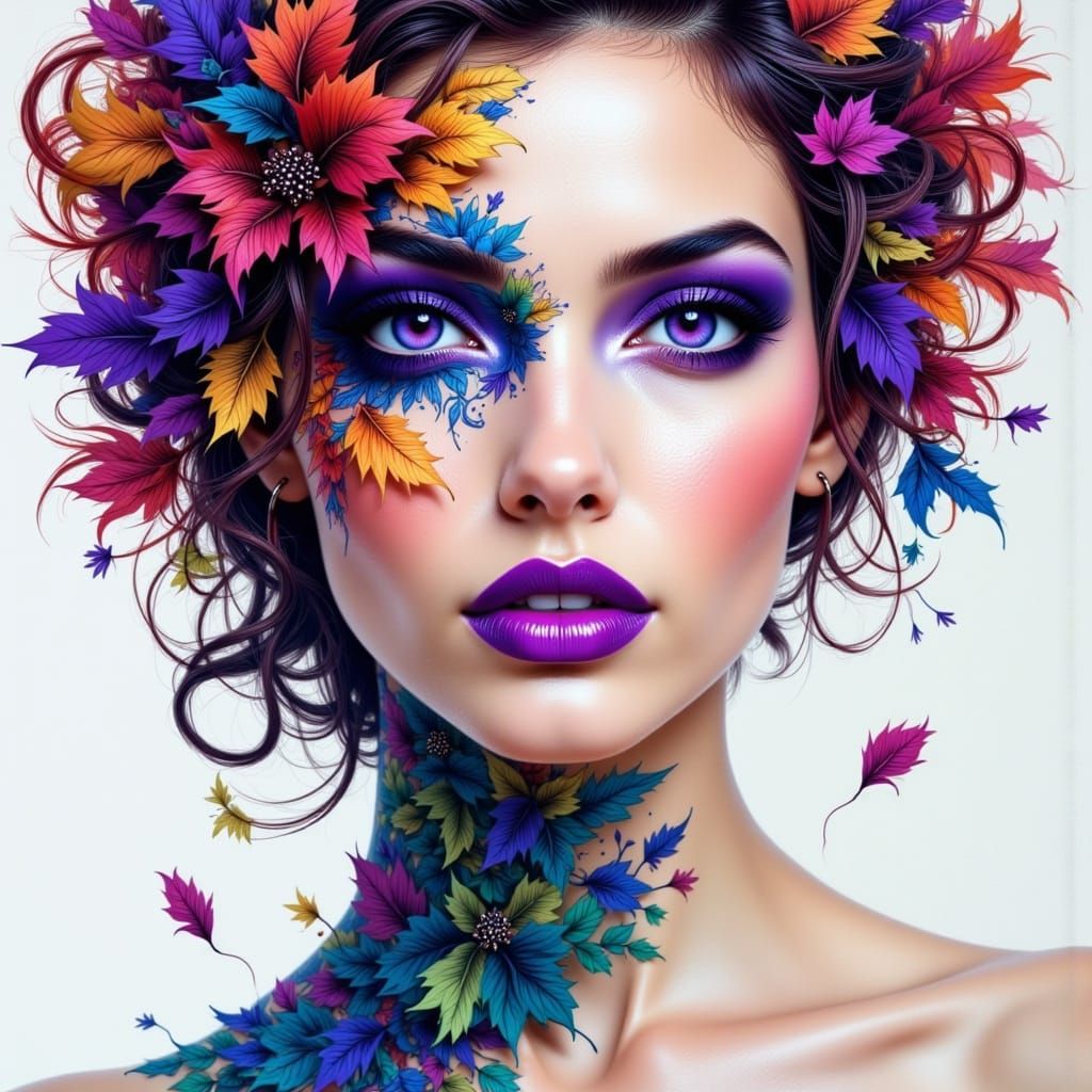 Glamorous Woman with Leaf Face Paint in Watercolor